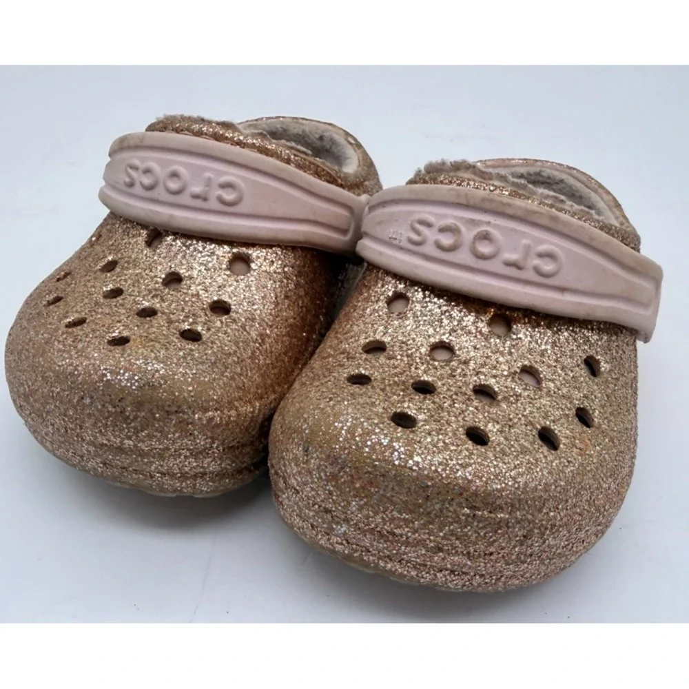 Crocs Classic Lined Clogs Gold Glitter Pink Cozy Fuzzy Toddler | Girl's Size 6